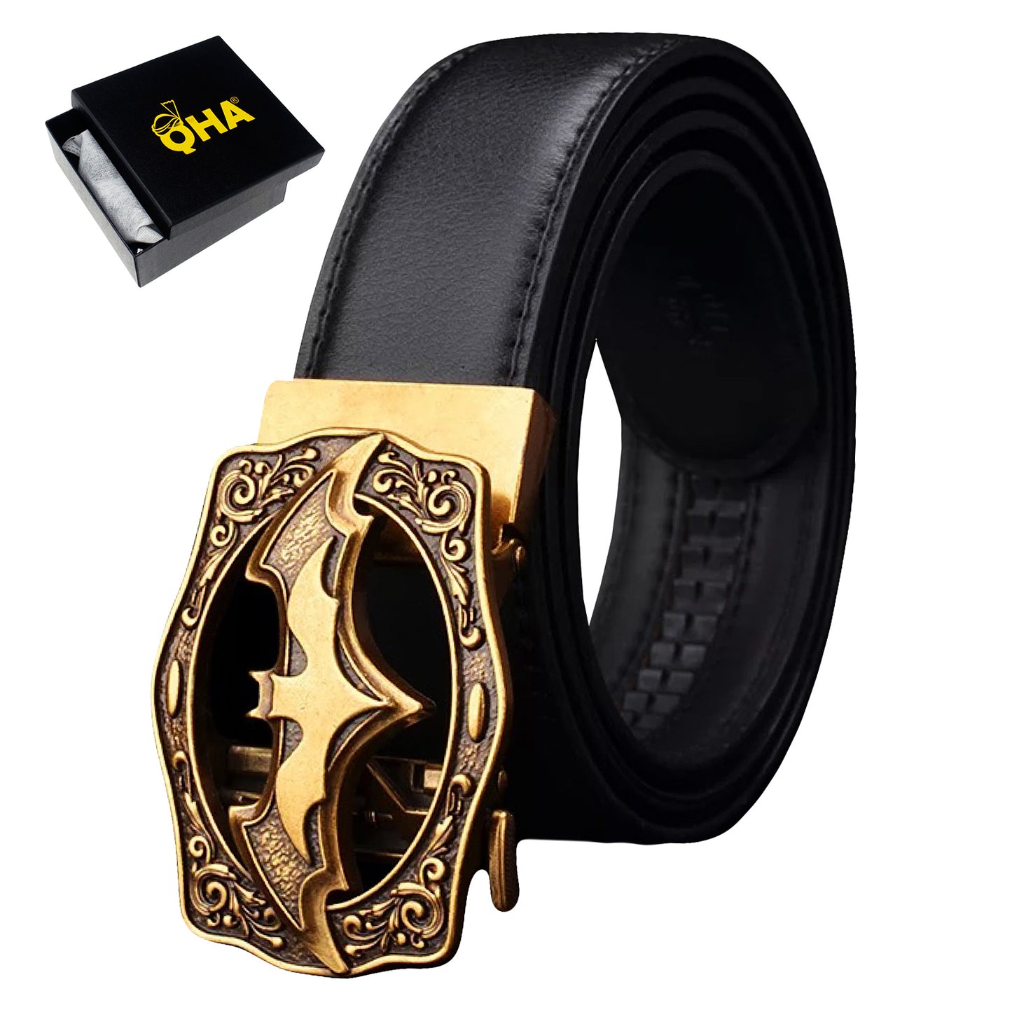 QHA Mens Ratchet Leather Belt Bat Automatic Buckle 35mm Wide Q18