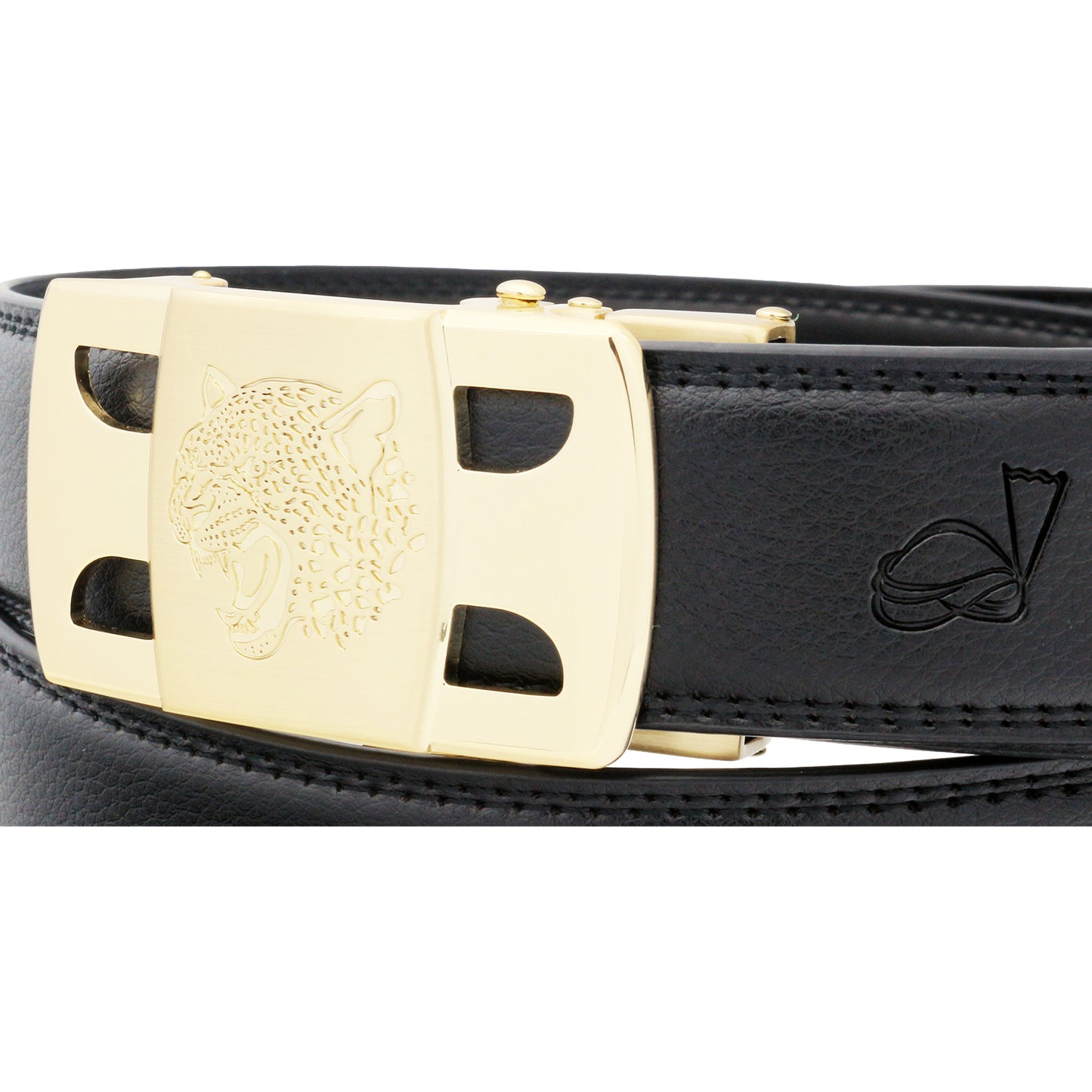 QHA Men's Ratchet Leather Belt Tiger Themed Automatic Buckle 35mm Wide Golf Q56