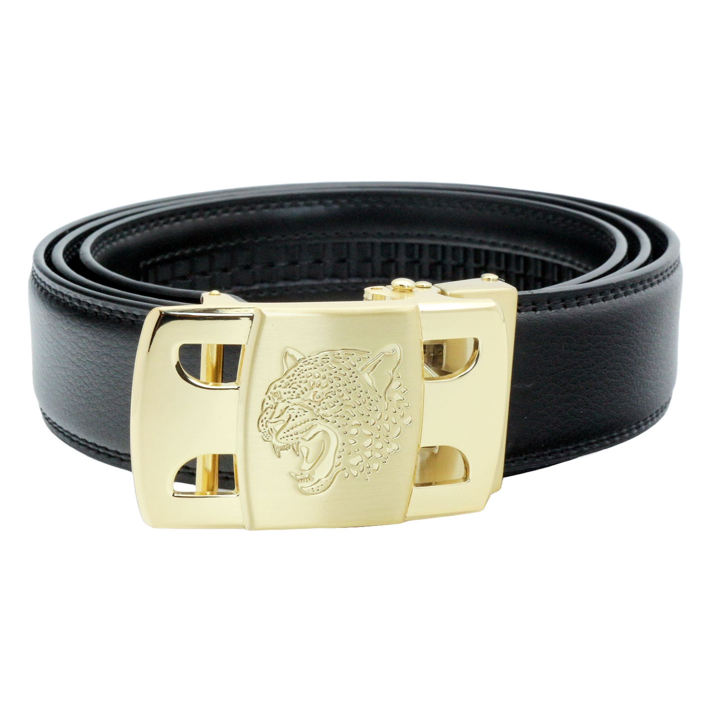 QHA Men's Ratchet Leather Belt Tiger Themed Automatic Buckle 35mm Wide Golf Q56