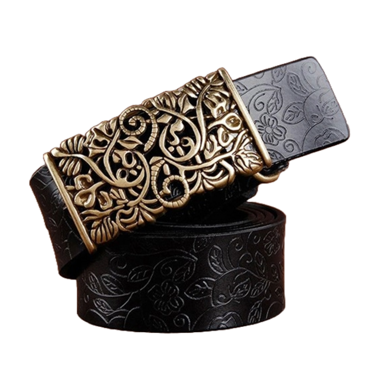 QHA Womens Real Leather Belt Floral Design Casual Pin Buckle 30mm Wide Q60