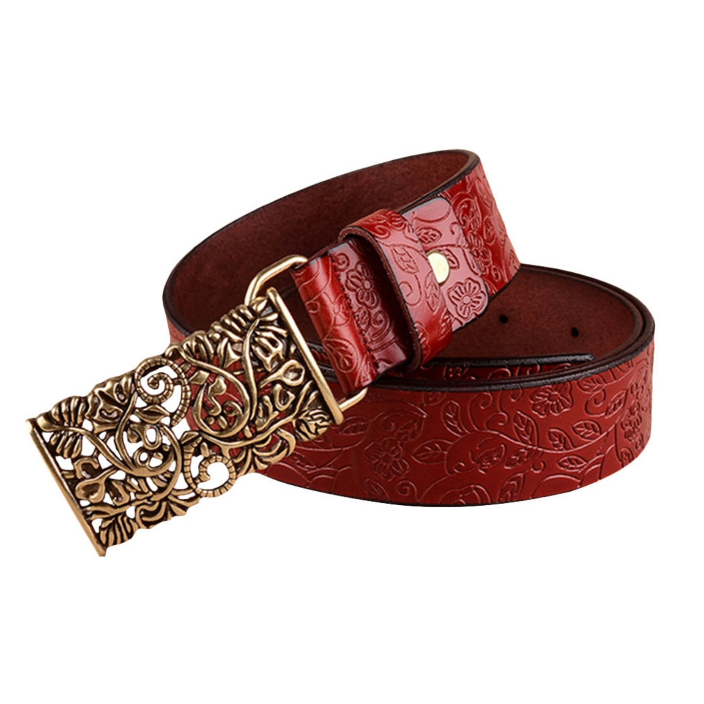 QHA Womens Real Leather Belt Floral Design Casual Pin Buckle 30mm Wide Q60