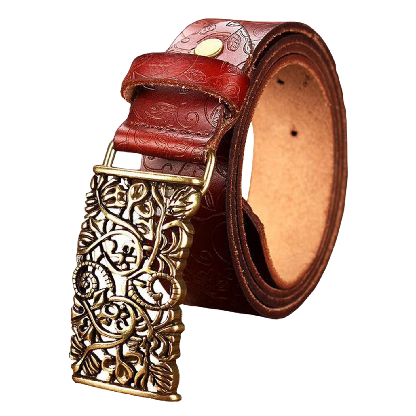 QHA Womens Real Leather Belt Floral Design Casual Pin Buckle 30mm Wide Q60