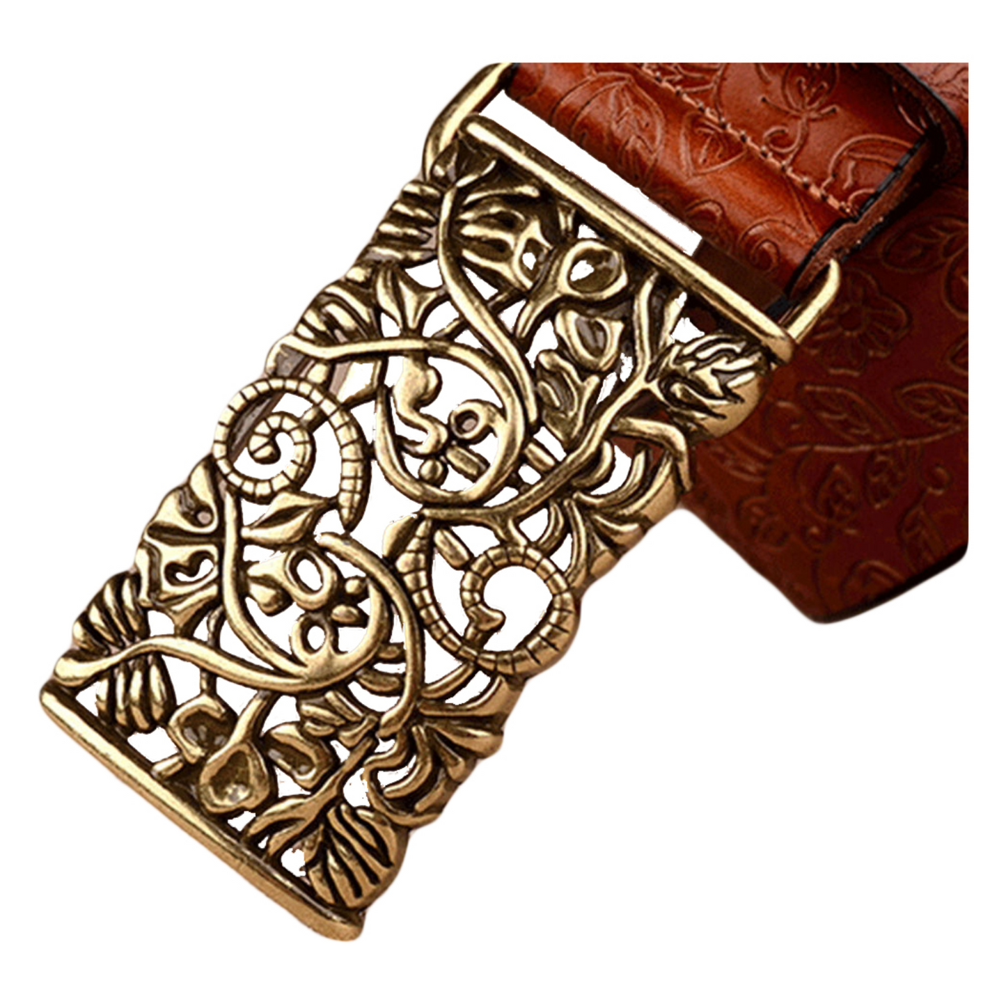 QHA Womens Real Leather Belt Floral Design Casual Pin Buckle 30mm Wide Q60