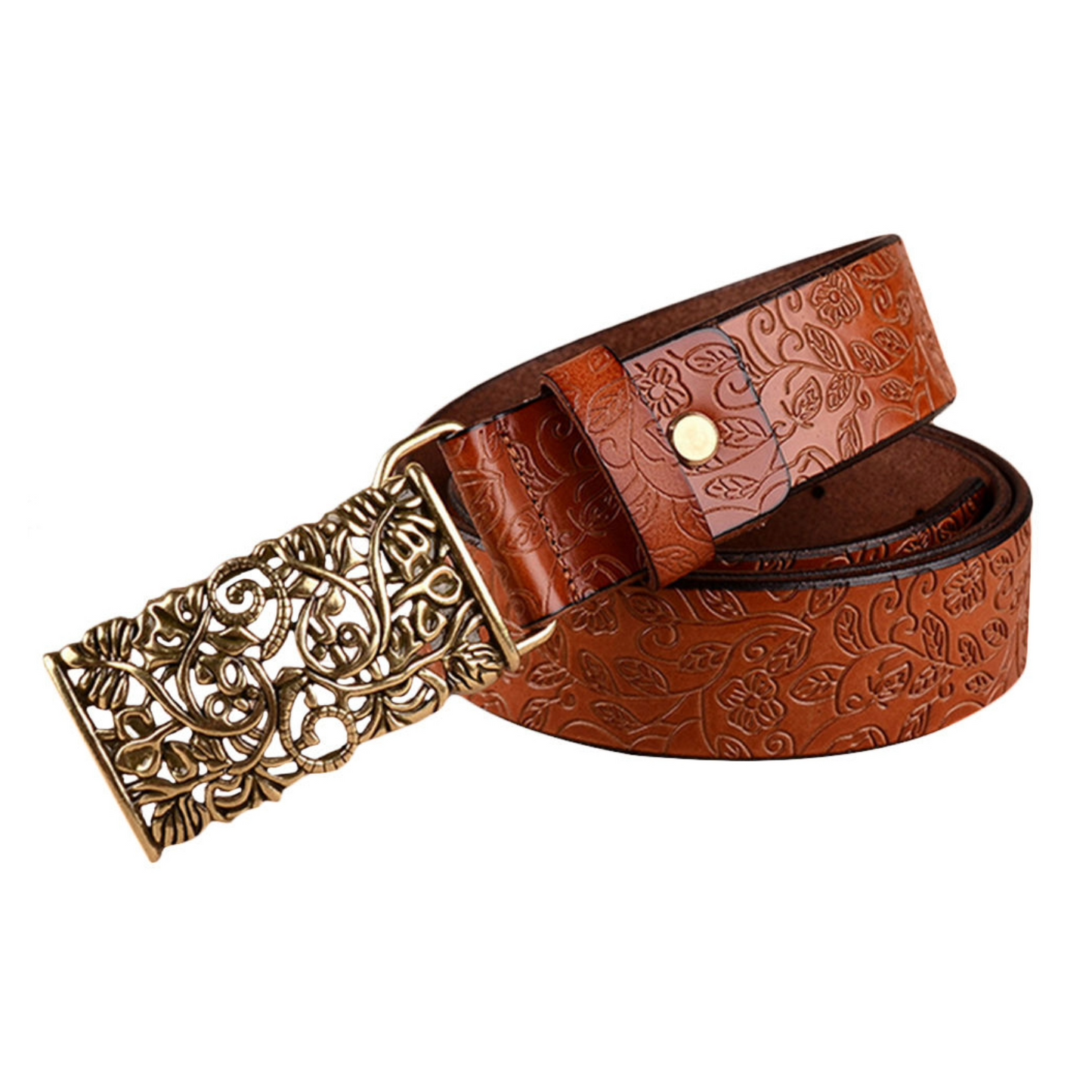 QHA Womens Real Leather Belt Floral Design Casual Pin Buckle 30mm Wide Q60