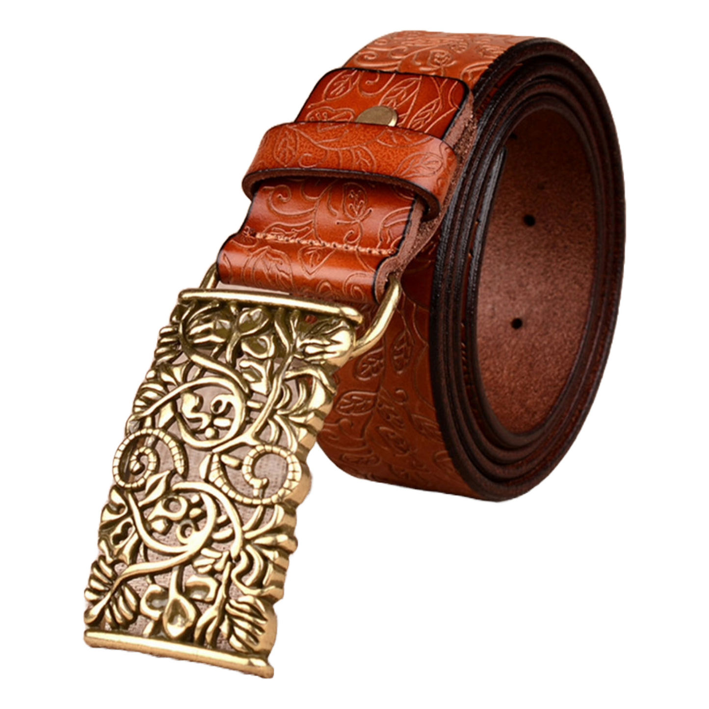 QHA Womens Real Leather Belt Floral Design Casual Pin Buckle 30mm Wide Q60